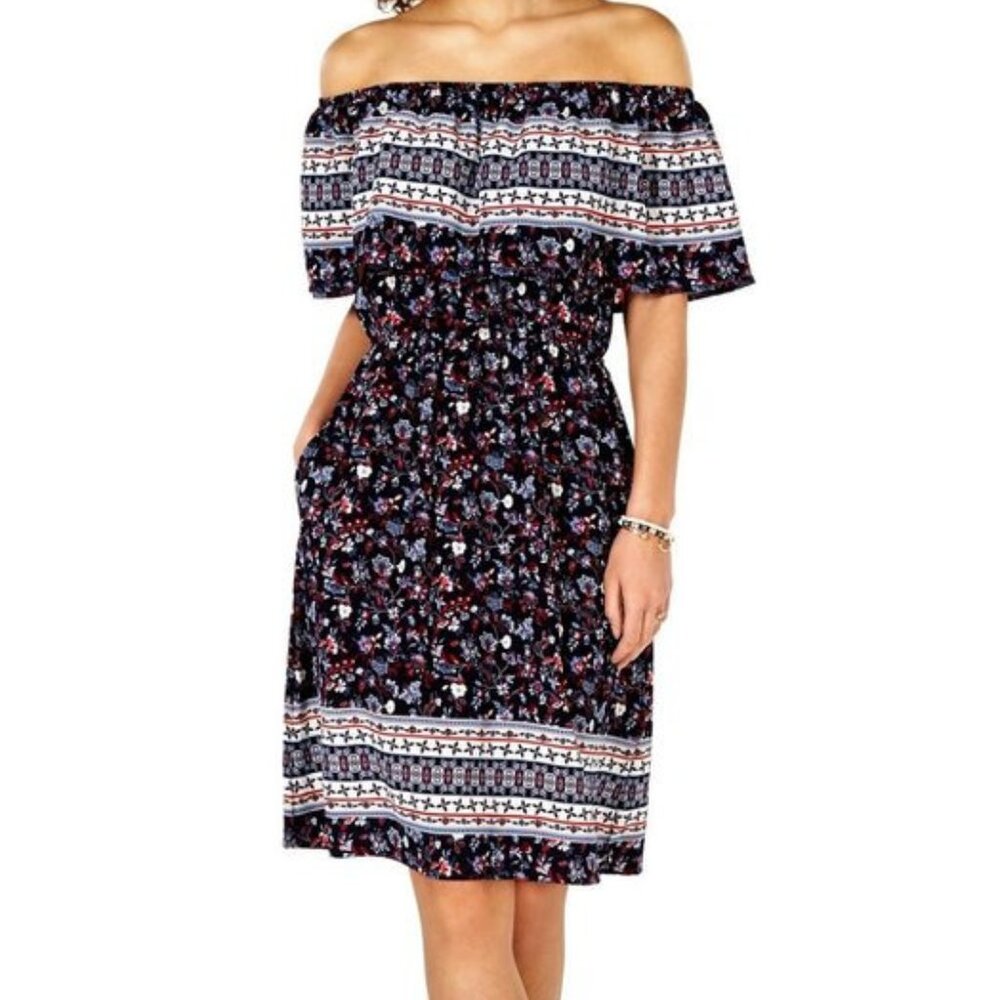 Style & Co Dress Sz M Off Shoulder Blue Floral